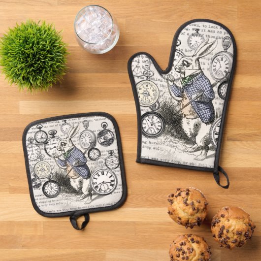 White Rabbit Alice in Wonderland Clocks Ovenwant & Pannenlap Set (Top down)