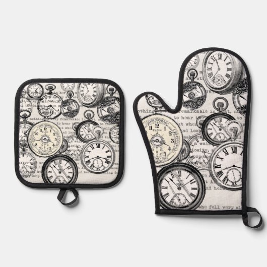 White Rabbit Alice in Wonderland Clocks Ovenwant & Pannenlap Set (Voorkant)