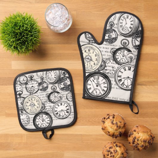 White Rabbit Alice in Wonderland Clocks Ovenwant & Pannenlap Set (Top down)