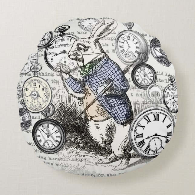 White Rabbit Alice in Wonderland Clocks Rond Kussen (Voorkant)