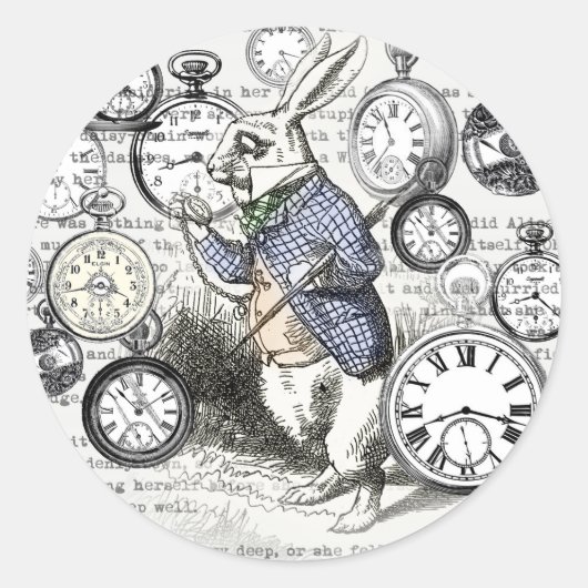 White Rabbit Alice in Wonderland Clocks Ronde Sticker (Voorkant)