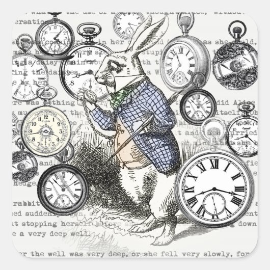 White Rabbit Alice in Wonderland Clocks Vierkante Sticker (Voorkant)