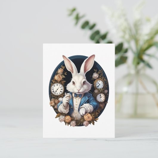 White Rabbit Alice in Wonderland Horloges en rozen Briefkaart (Staand voorkant)