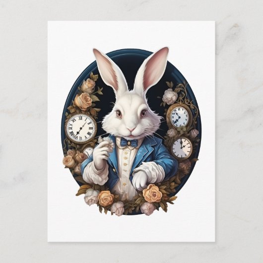 White Rabbit Alice in Wonderland Horloges en rozen Briefkaart (Voorkant)