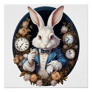 White Rabbit Alice in Wonderland Horloges en rozen Perfect Poster