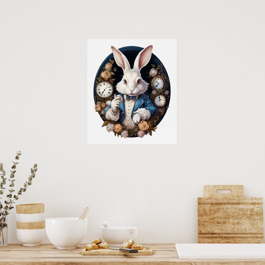 White Rabbit Alice in Wonderland Horloges en rozen Poster (Keuken)