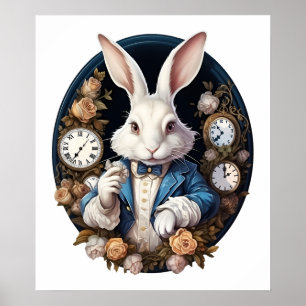 White Rabbit Alice in Wonderland Horloges en rozen Poster