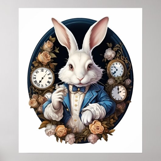White Rabbit Alice in Wonderland Horloges en rozen Poster (Voorkant)