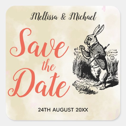 White Rabbit Alice in Wonderland Save the Date Vierkante Sticker (Voorkant)