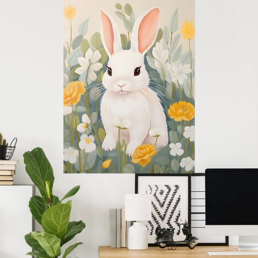 White Rabbit Among Spring Flowers Poster (Thuiskantoor)