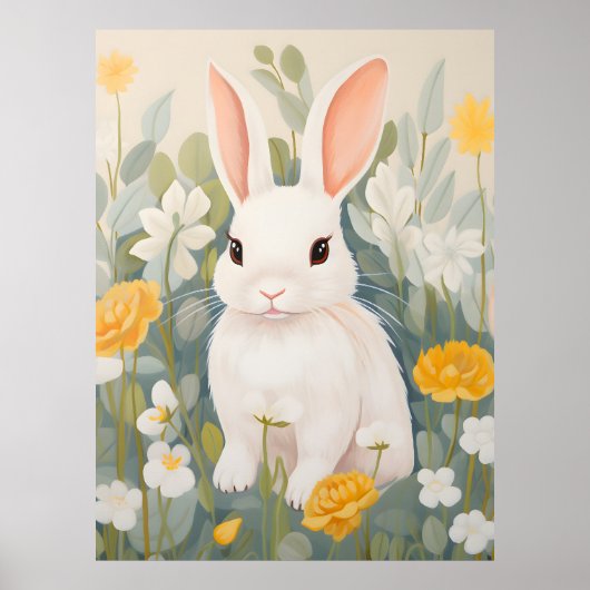 White Rabbit Among Spring Flowers Poster (Voorkant)