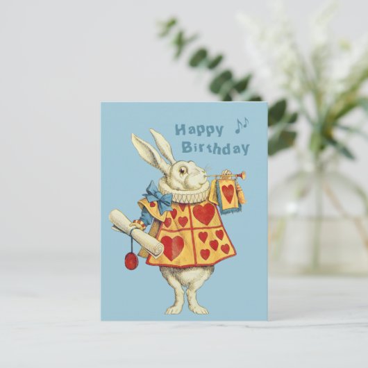 White Rabbit blauw trompet Happy Birthday CC1126 Briefkaart (Staand voorkant)