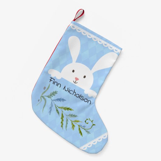 White Rabbit Blue Diamond Shape Kleine Kerstsok (Voorkant (Hangend))