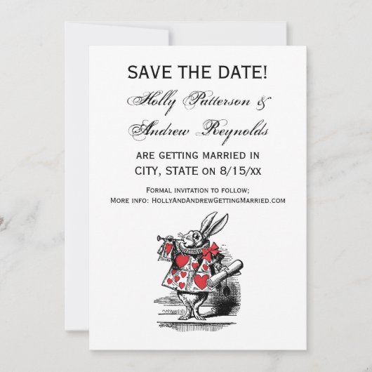 White Rabbit Court Trumpeter Alice in Wonderland Save The Date (Voorkant)