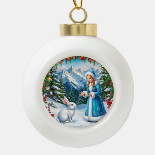 White Rabbit en Sneeuwmeisje in Winter Woodland Keramische Bal Ornament (Voorkant)