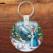 White Rabbit en Sneeuwmeisje in Winter Woodland Sleutelhanger (Voorkant)