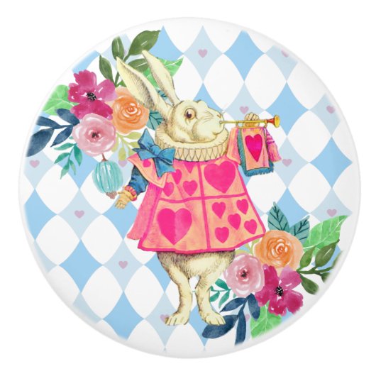 White Rabbit on Blue Diamonds Ceramic Knob Keramische Knop (Voorkant)