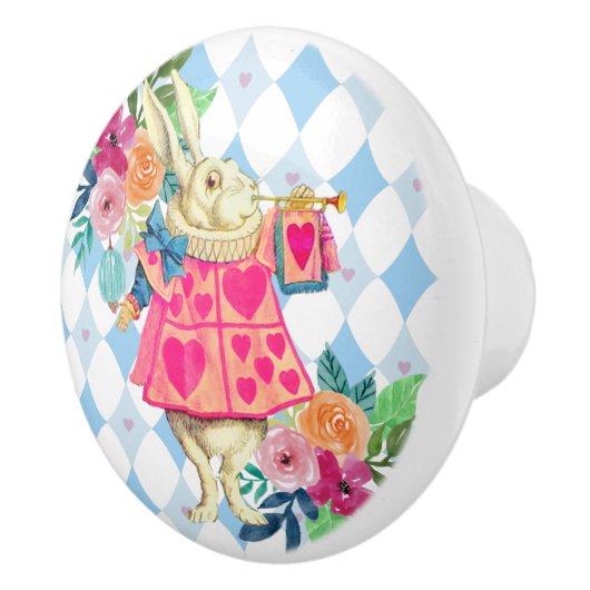 White Rabbit on Blue Diamonds Ceramic Knob Keramische Knop (Rechts)