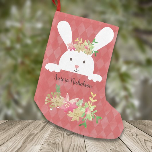 White Rabbit Pink Gold Poinsettia Floral Kleine Kerstsok
