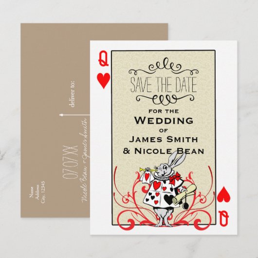 White Rabbit Queen of Hearts Wonderland Save Date Aankondigingskaart (Voorkant / Achterkant)