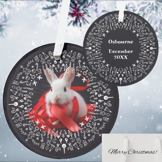 White rabbit with red ribbon on Black Holiday Ornament
