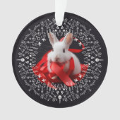 White rabbit with red ribbon on Black Holiday Ornament (voorkant)