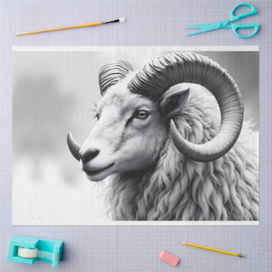 White Ram in zwart en wit Tissuepapier (Craft)