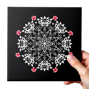 White Rangoli with hibiscus Tegeltje