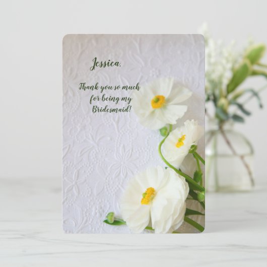 White ranunculus op getextureerd papier bedankt kaart (Staand voorkant)