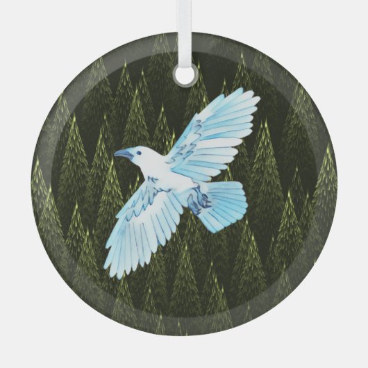 White Raven on Fractal Conifers Glas Ornament (Voorkant)