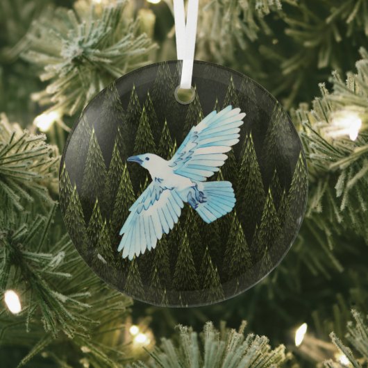 White Raven on Fractal Conifers Glas Ornament (Insitu)