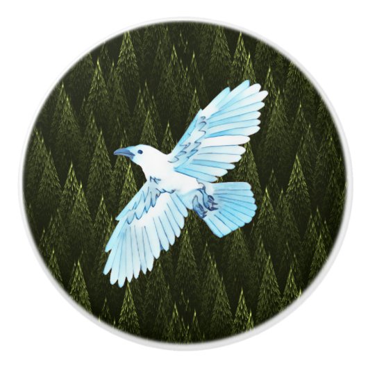White Raven on Fractal Conifers Keramische Knop (Voorkant)