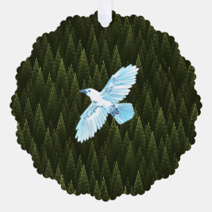 White Raven on Fractal Conifers Ornament Kaart
