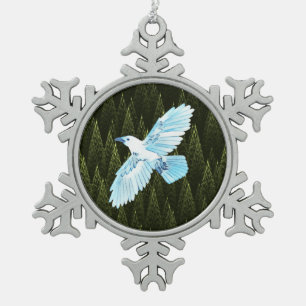 White Raven on Fractal Conifers Tin Sneeuwvlok Ornament