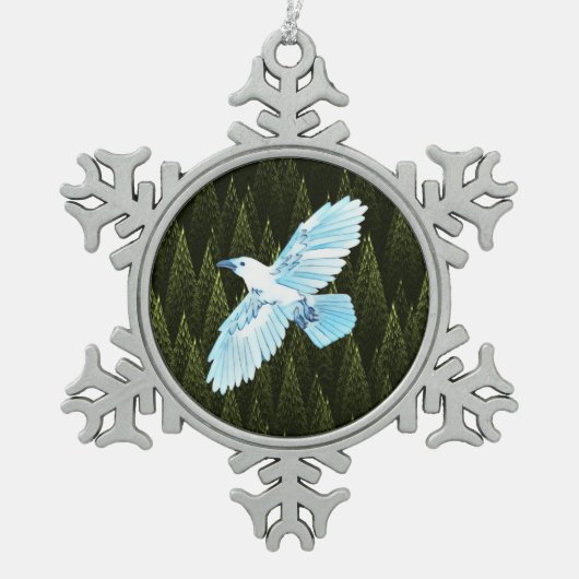 White Raven on Fractal Conifers Tin Sneeuwvlok Ornament (Voorkant)
