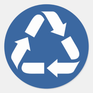 White recyclen symbool op donkerblauwe achtergrond ronde sticker