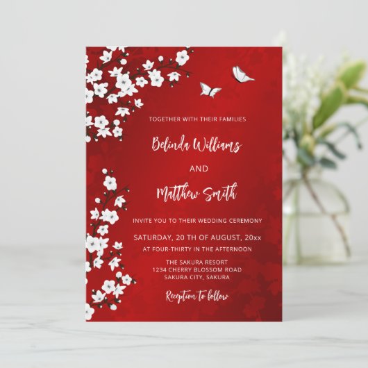 White Red Cherry Blossom | Weddenschap Kaart (Staand voorkant)