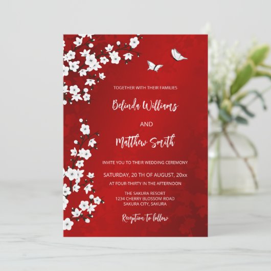 White  Red Cherry Blossom | Wedding Kaart (Staand voorkant)
