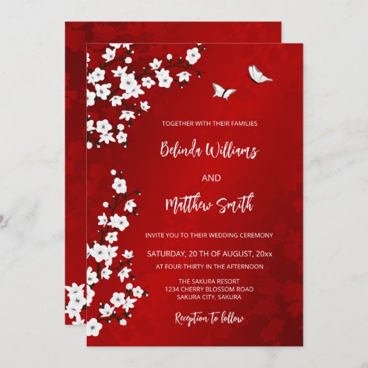 White  Red Cherry Blossom | Wedding Kaart (Voorkant / Achterkant)