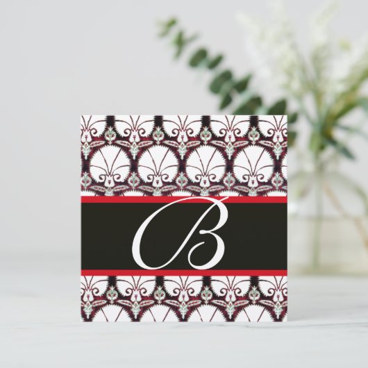 WHITE RED DAMASK CARNATIONS MONOGRAM champagne Kaart (Staand voorkant)