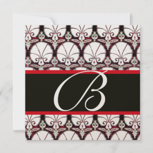 WHITE RED DAMASK CARNATIONS MONOGRAM champagne Kaart