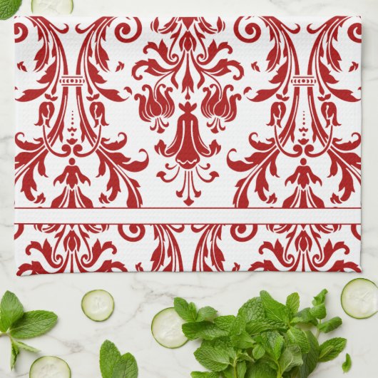 White Red Floral Swirls Damask Monogram Theedoek (Gevouwen)