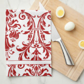 White Red Floral Swirls Damask Monogram Theedoek (Quarter Fold)