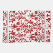 White Red Floral Swirls Damask Monogram Theedoek (Horizontaal)