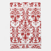 White Red Floral Swirls Damask Monogram Theedoek (Verticaal)