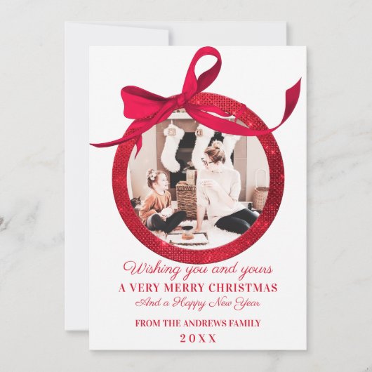White Red Glitter Bow Ornament met kerstmis Feestdagenkaart (Voorkant)