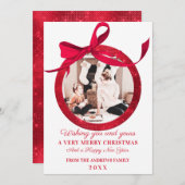 White Red Glitter Bow Ornament met kerstmis Feestdagenkaart (Voorkant / Achterkant)