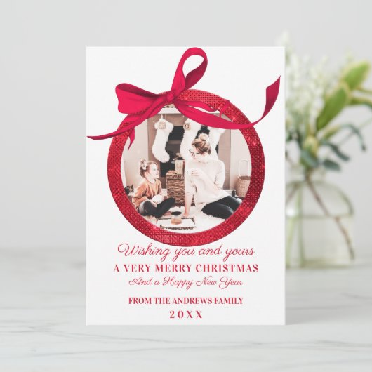 White Red Glitter Bow Ornament met kerstmis Feestdagenkaart (Staand voorkant)
