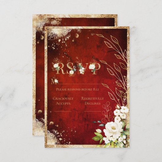 White Red Gold Botanical Floral Rustial RSVP Kaartje (Voorkant / Achterkant)