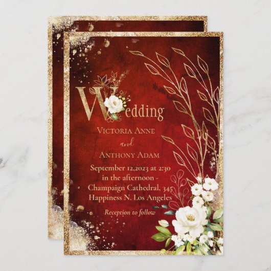 White Red Gold Botanical Floral Rustic Wedding Kaart (Voorkant / Achterkant)
